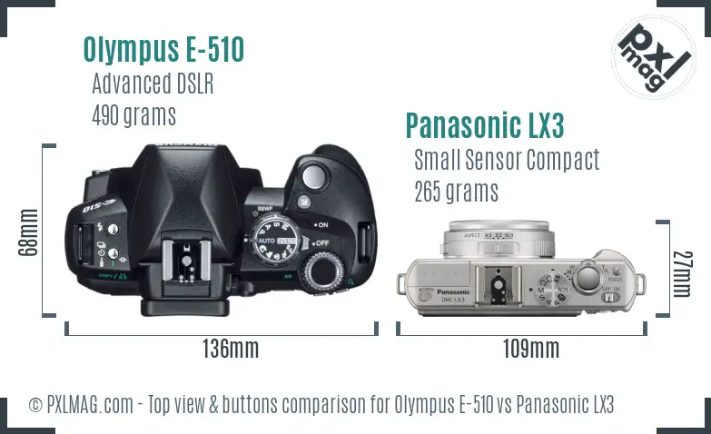 Olympus E-510 vs Panasonic LX3 top view buttons comparison