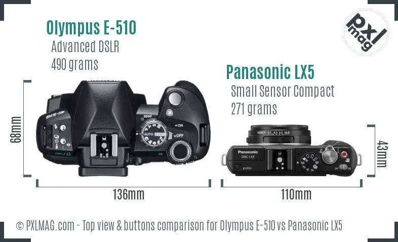Olympus E-510 vs Panasonic LX5 top view buttons comparison