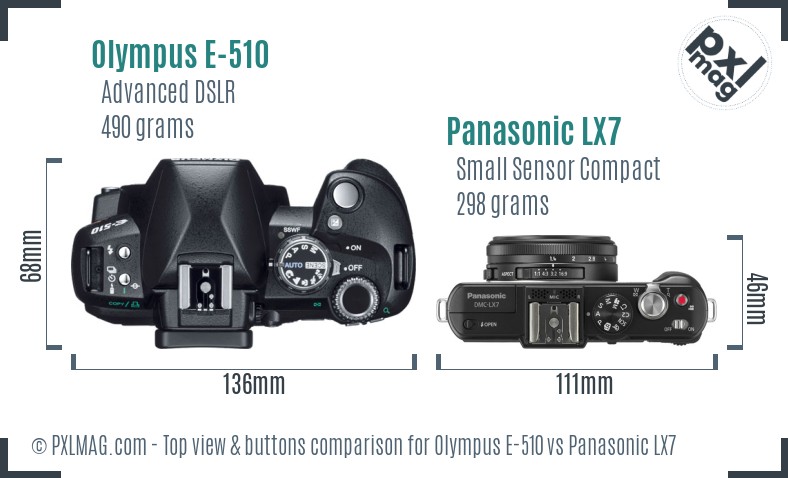 Olympus E-510 vs Panasonic LX7 top view buttons comparison