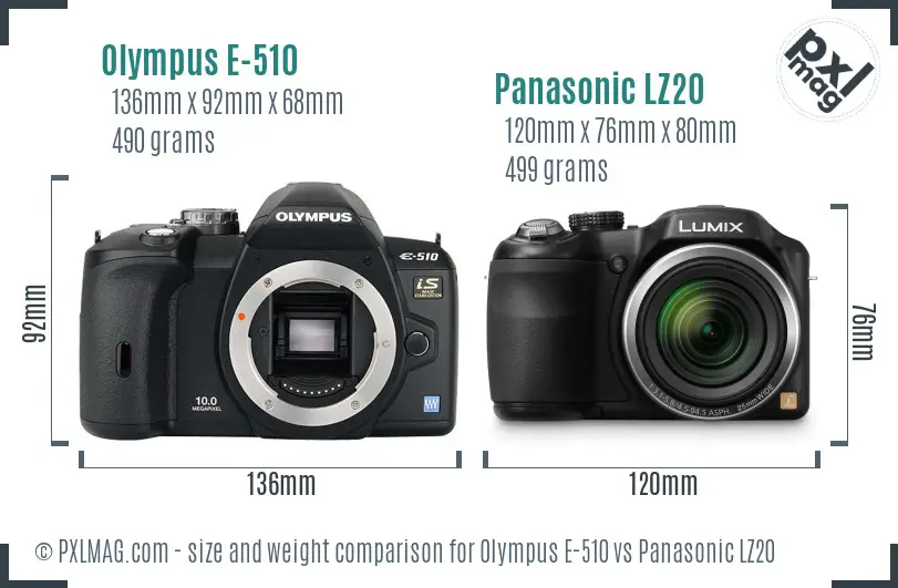Olympus E-510 vs Panasonic LZ20 size comparison