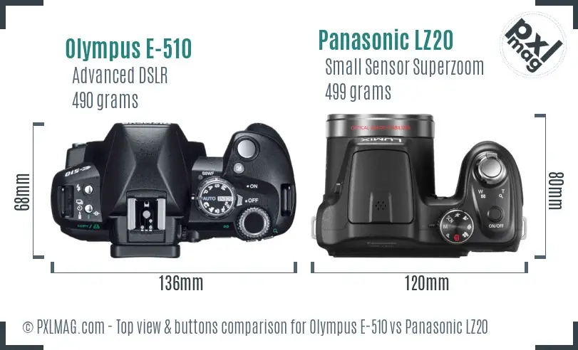 Olympus E-510 vs Panasonic LZ20 top view buttons comparison
