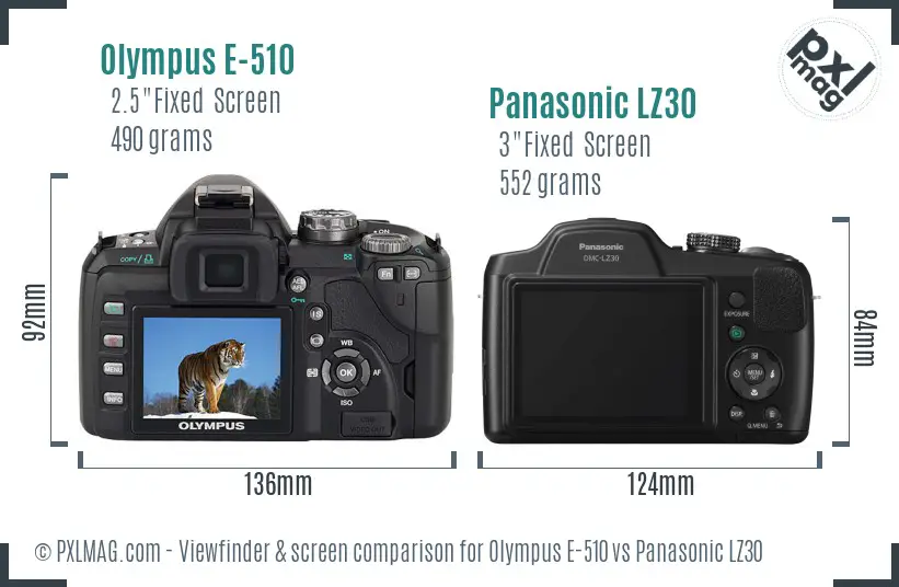 Olympus E-510 vs Panasonic LZ30 Screen and Viewfinder comparison
