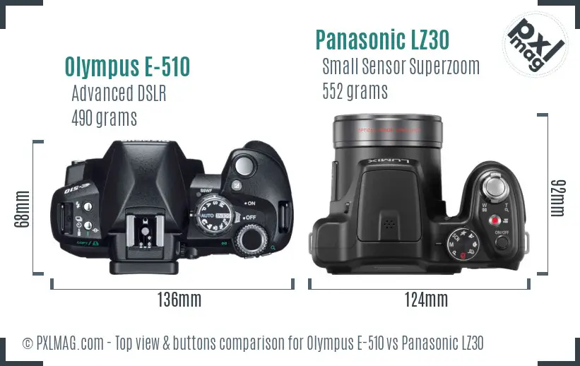 Olympus E-510 vs Panasonic LZ30 top view buttons comparison