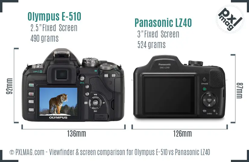 Olympus E-510 vs Panasonic LZ40 Screen and Viewfinder comparison