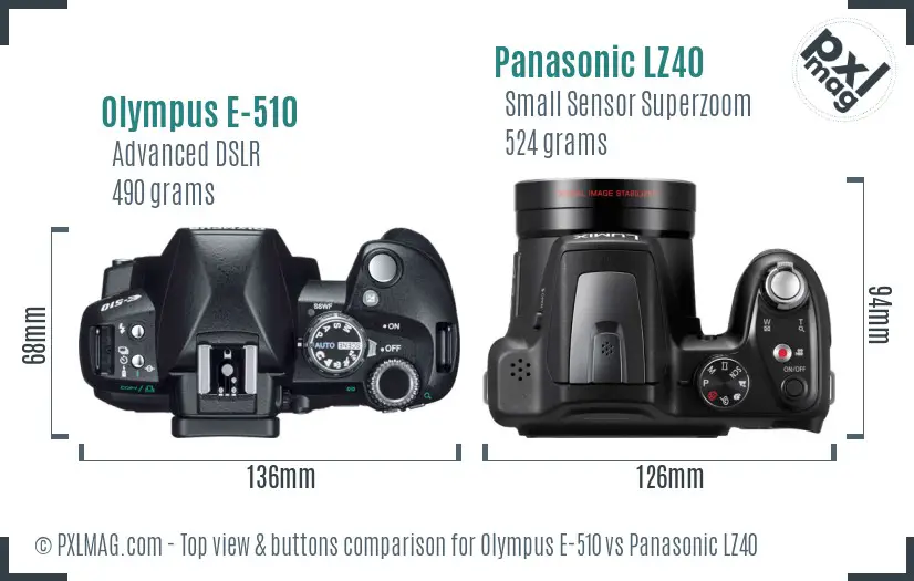 Olympus E-510 vs Panasonic LZ40 top view buttons comparison