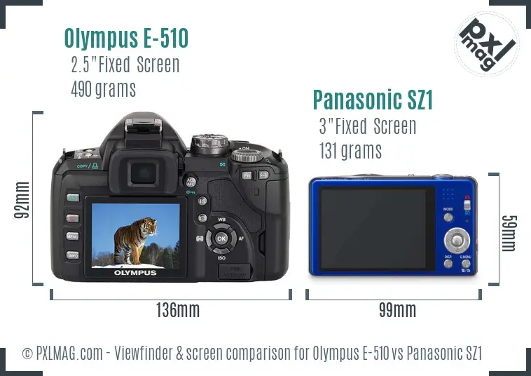 Olympus E-510 vs Panasonic SZ1 Screen and Viewfinder comparison