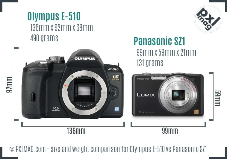 Olympus E-510 vs Panasonic SZ1 size comparison