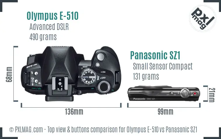 Olympus E-510 vs Panasonic SZ1 top view buttons comparison