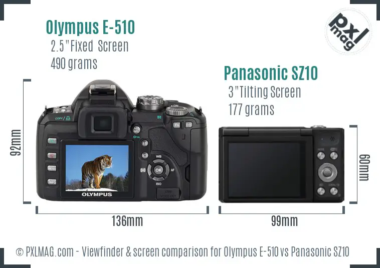 Olympus E-510 vs Panasonic SZ10 Screen and Viewfinder comparison