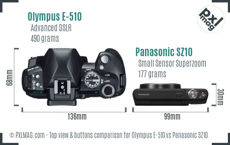 Olympus E-510 vs Panasonic SZ10 top view buttons comparison