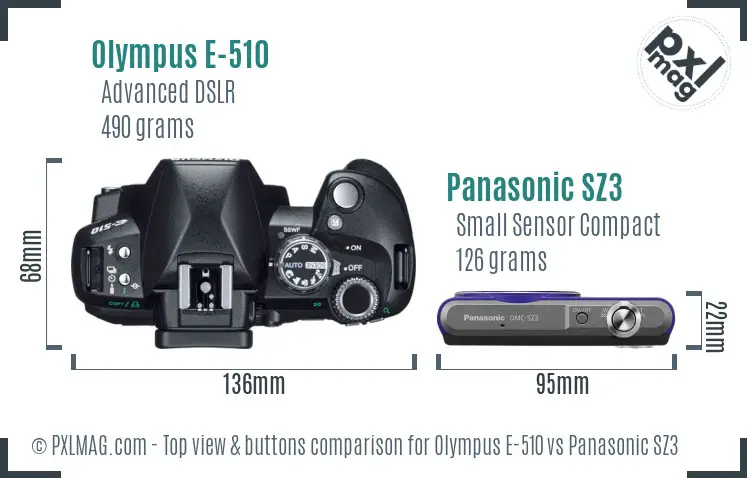 Olympus E-510 vs Panasonic SZ3 top view buttons comparison