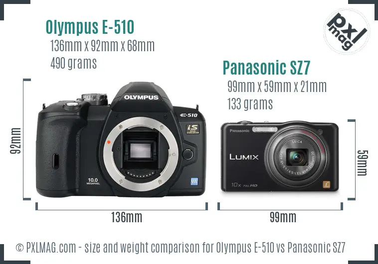 Olympus E-510 vs Panasonic SZ7 size comparison