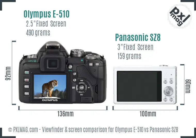 Olympus E-510 vs Panasonic SZ8 Screen and Viewfinder comparison