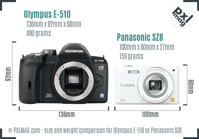 Olympus E-510 vs Panasonic SZ8 size comparison