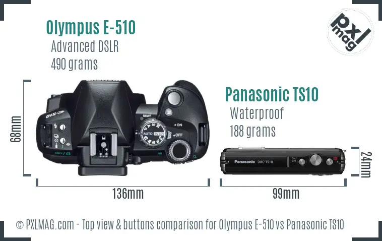 Olympus E-510 vs Panasonic TS10 top view buttons comparison