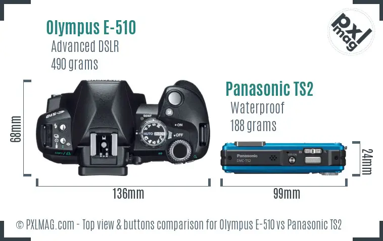 Olympus E-510 vs Panasonic TS2 top view buttons comparison