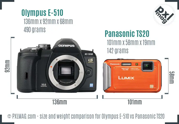 Olympus E-510 vs Panasonic TS20 size comparison