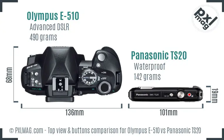 Olympus E-510 vs Panasonic TS20 top view buttons comparison