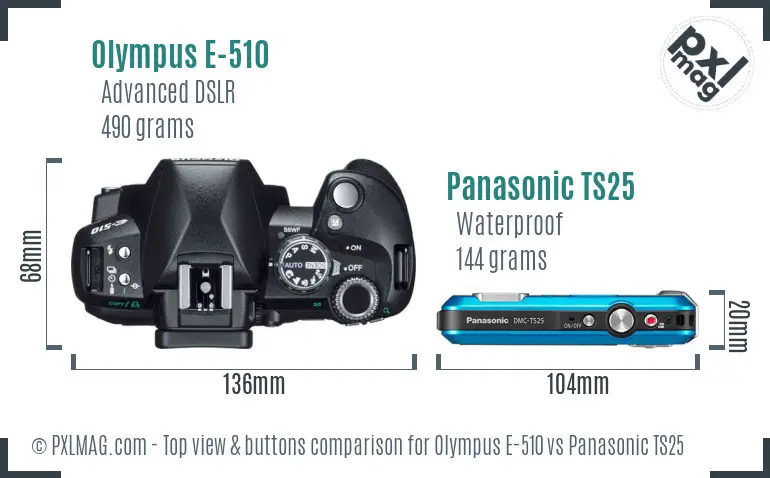 Olympus E-510 vs Panasonic TS25 top view buttons comparison