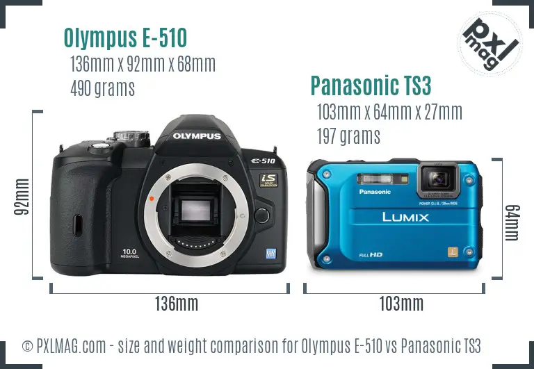 Olympus E-510 vs Panasonic TS3 size comparison