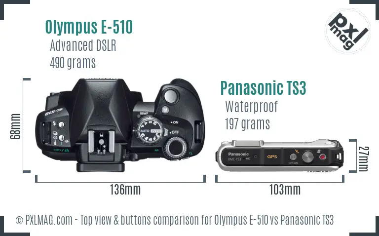 Olympus E-510 vs Panasonic TS3 top view buttons comparison