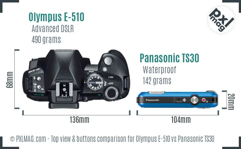 Olympus E-510 vs Panasonic TS30 top view buttons comparison