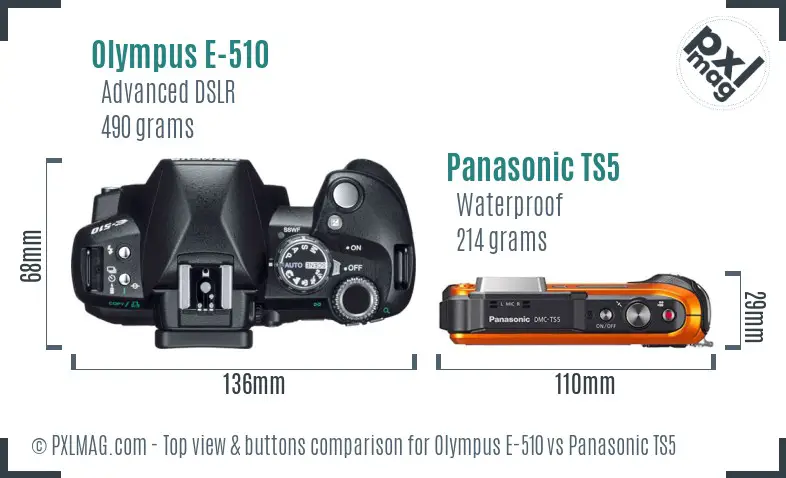 Olympus E-510 vs Panasonic TS5 top view buttons comparison