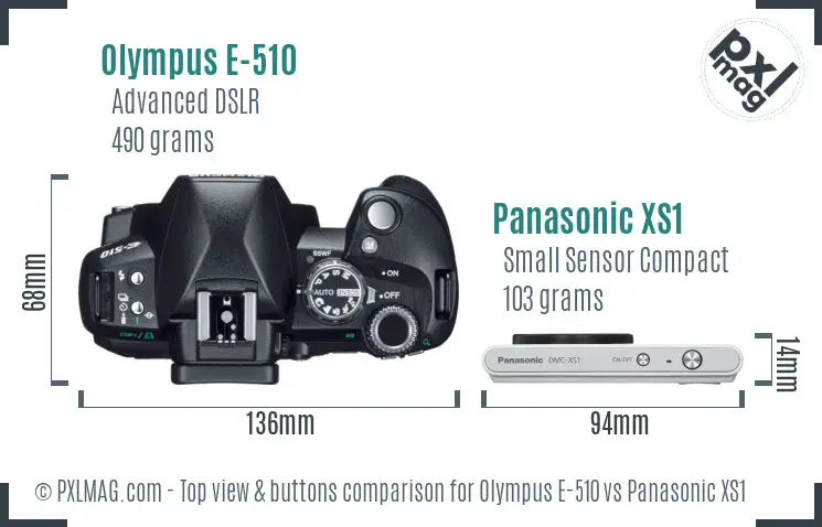 Olympus E-510 vs Panasonic XS1 top view buttons comparison