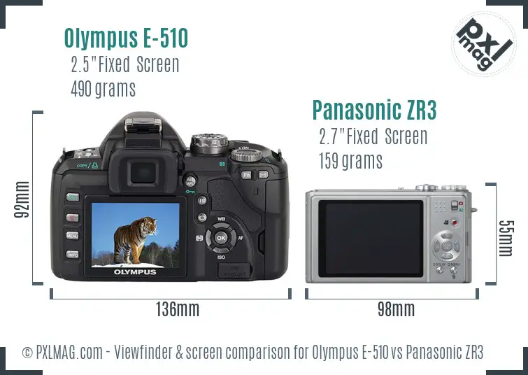 Olympus E-510 vs Panasonic ZR3 Screen and Viewfinder comparison