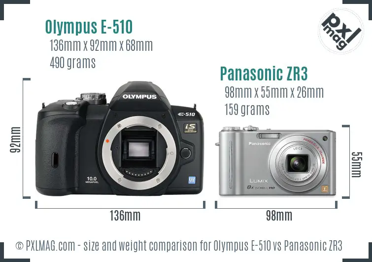 Olympus E-510 vs Panasonic ZR3 size comparison