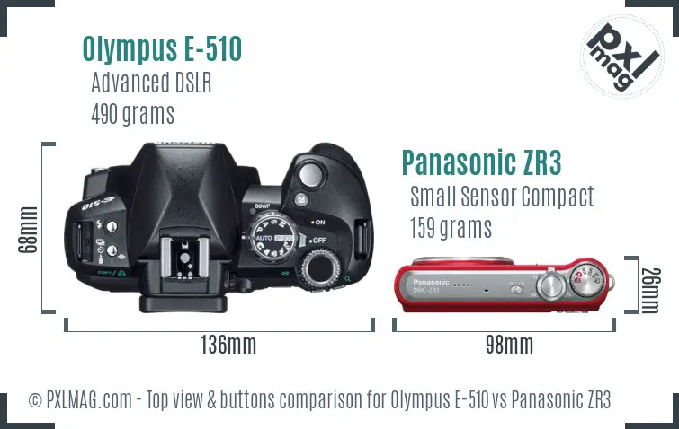 Olympus E-510 vs Panasonic ZR3 top view buttons comparison