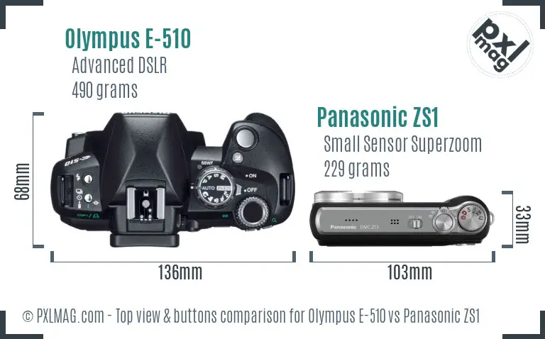 Olympus E-510 vs Panasonic ZS1 top view buttons comparison