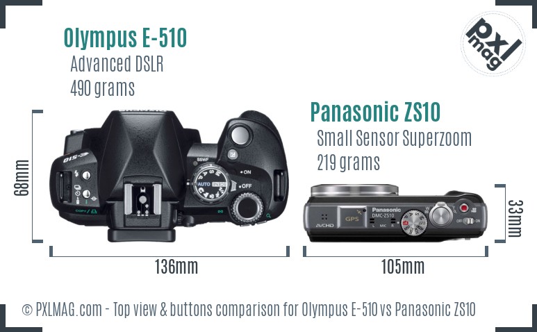 Olympus E-510 vs Panasonic ZS10 top view buttons comparison