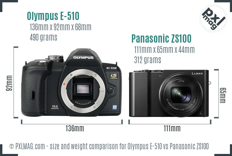 Olympus E-510 vs Panasonic ZS100 size comparison