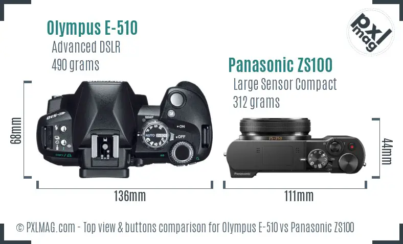 Olympus E-510 vs Panasonic ZS100 top view buttons comparison