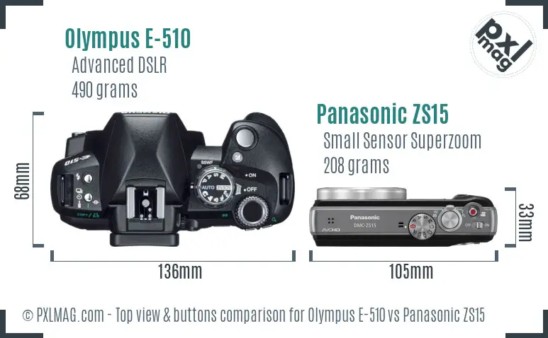 Olympus E-510 vs Panasonic ZS15 top view buttons comparison
