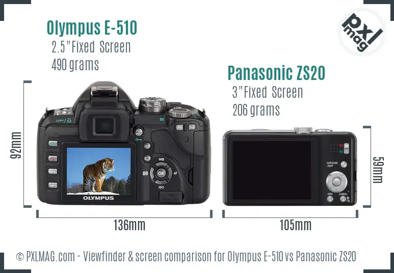 Olympus E-510 vs Panasonic ZS20 Screen and Viewfinder comparison