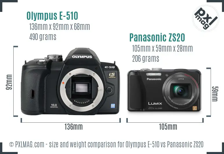 Olympus E-510 vs Panasonic ZS20 size comparison