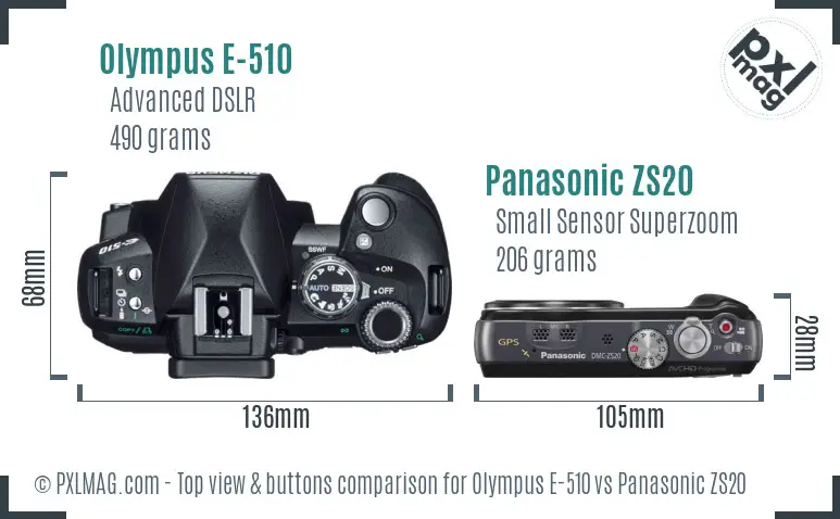 Olympus E-510 vs Panasonic ZS20 top view buttons comparison