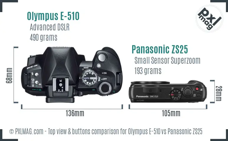 Olympus E-510 vs Panasonic ZS25 top view buttons comparison