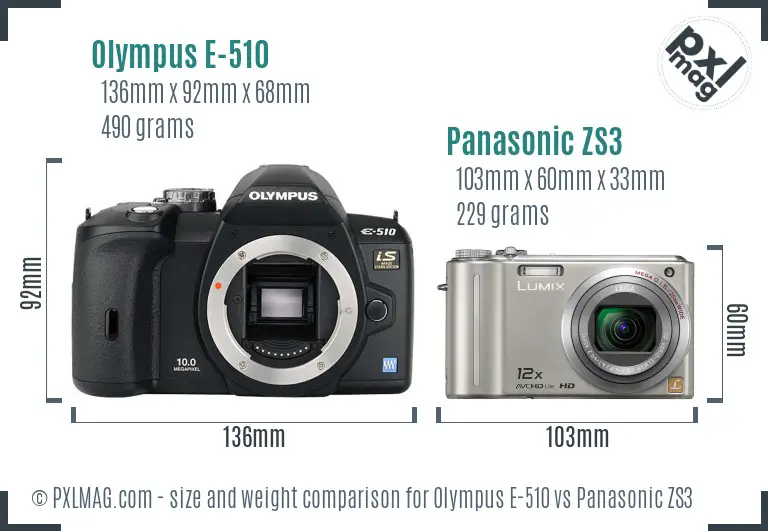 Olympus E-510 vs Panasonic ZS3 size comparison