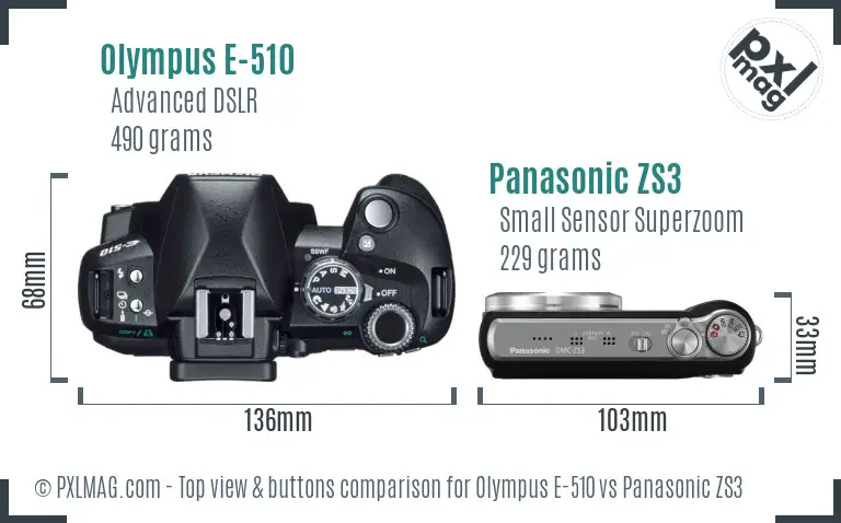 Olympus E-510 vs Panasonic ZS3 top view buttons comparison