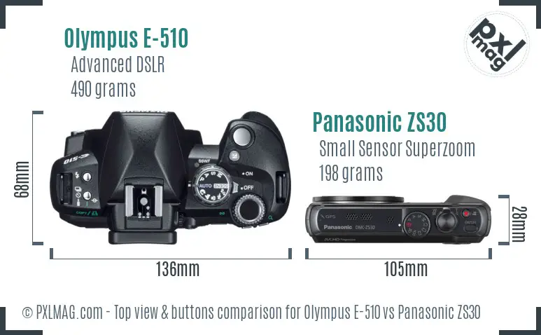 Olympus E-510 vs Panasonic ZS30 top view buttons comparison