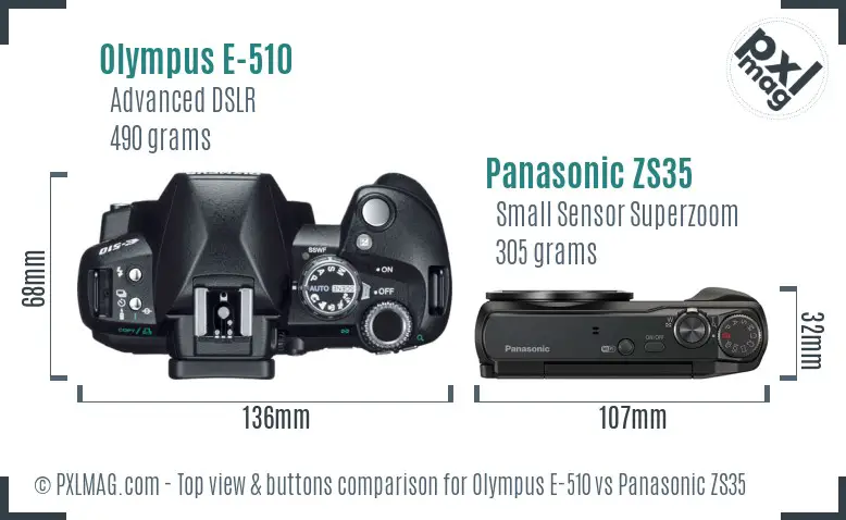 Olympus E-510 vs Panasonic ZS35 top view buttons comparison