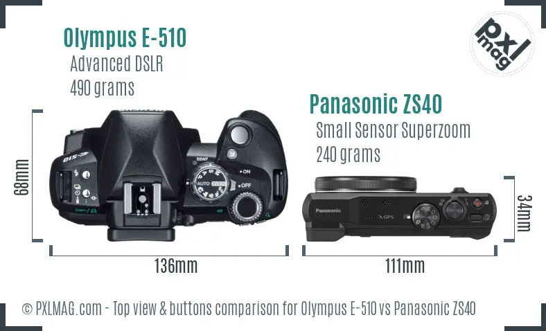 Olympus E-510 vs Panasonic ZS40 top view buttons comparison