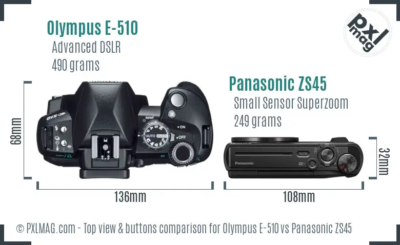 Olympus E-510 vs Panasonic ZS45 top view buttons comparison