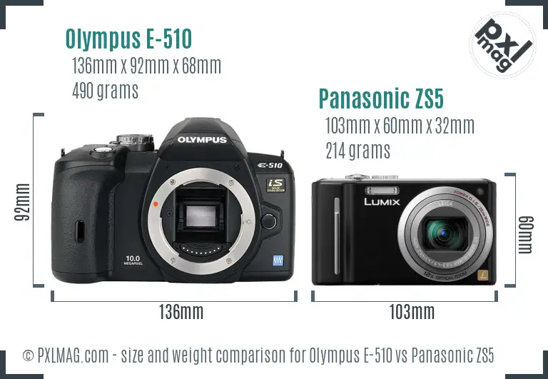 Olympus E-510 vs Panasonic ZS5 size comparison