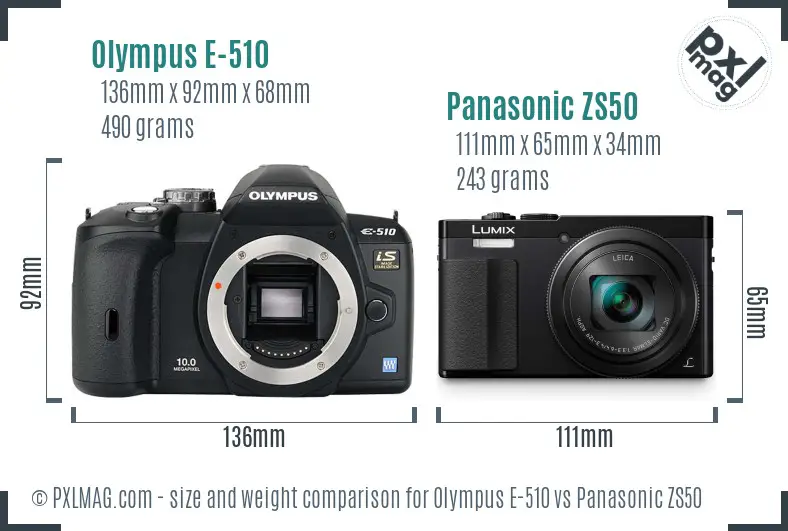 Olympus E-510 vs Panasonic ZS50 size comparison