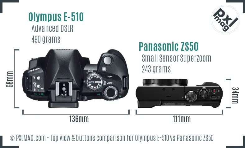 Olympus E-510 vs Panasonic ZS50 top view buttons comparison
