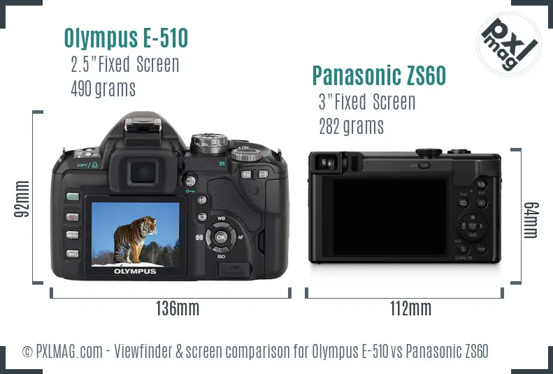 Olympus E-510 vs Panasonic ZS60 Screen and Viewfinder comparison